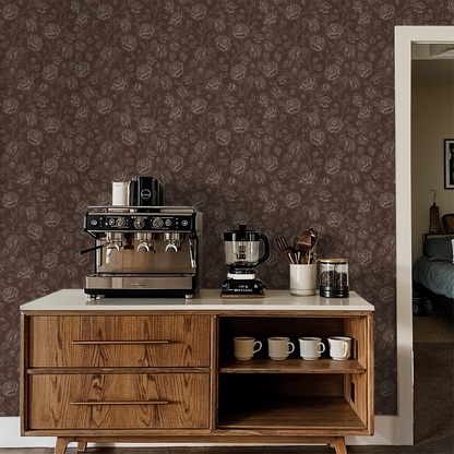 Rustic brown floral wallpaper in a cozy kitchen setting with wooden cabinetry.
