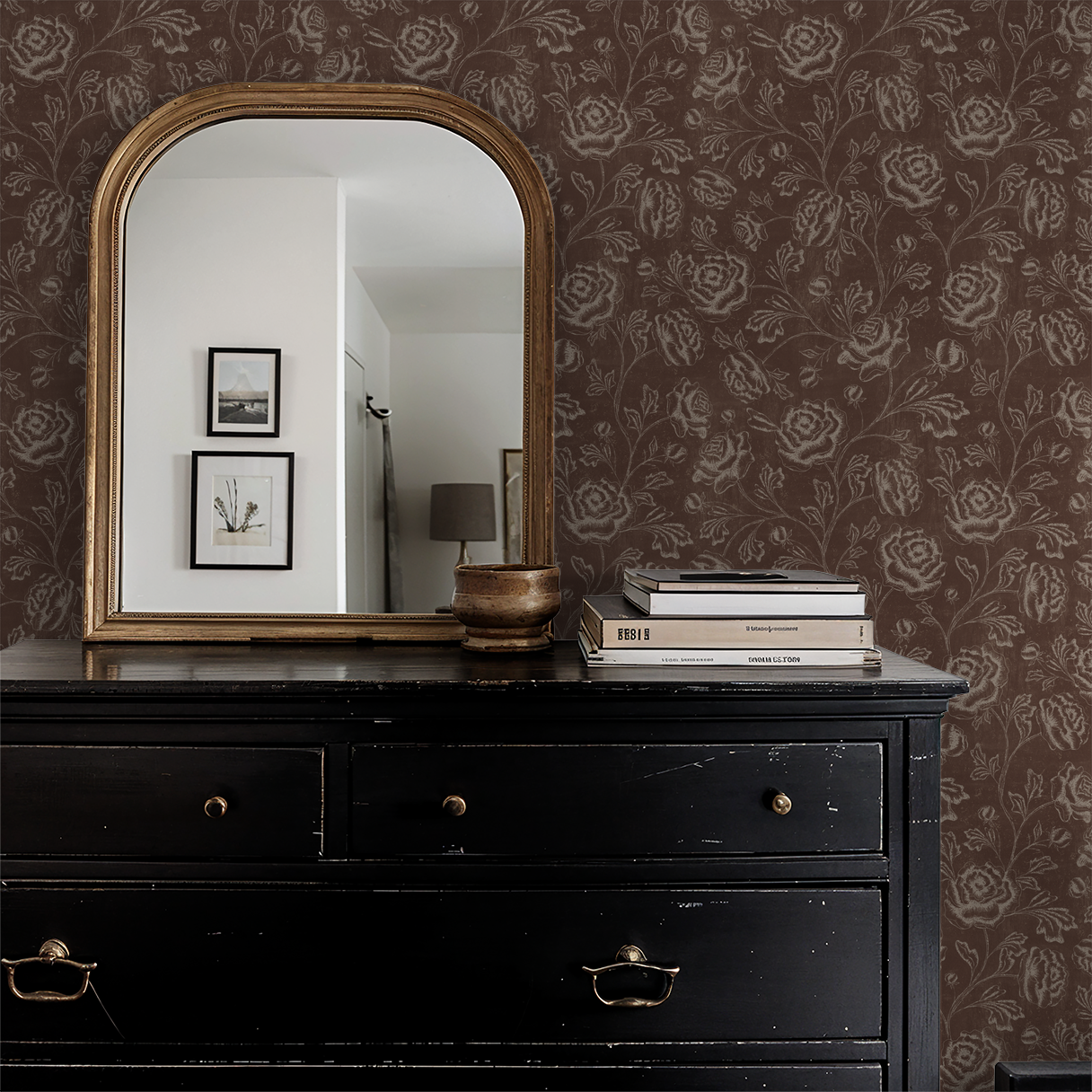 Rustic brown floral wallpaper in elegant vintage room with mirror and dresser.