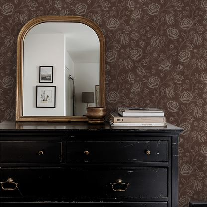 Rustic brown floral wallpaper in elegant vintage room with mirror and dresser.