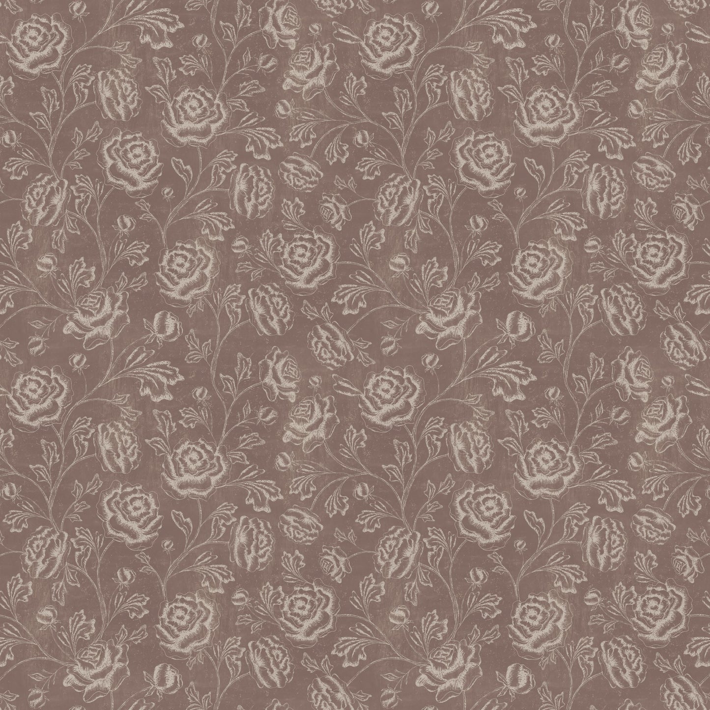 Rustic brown wallpaper with ivory floral toile pattern, vintage style.