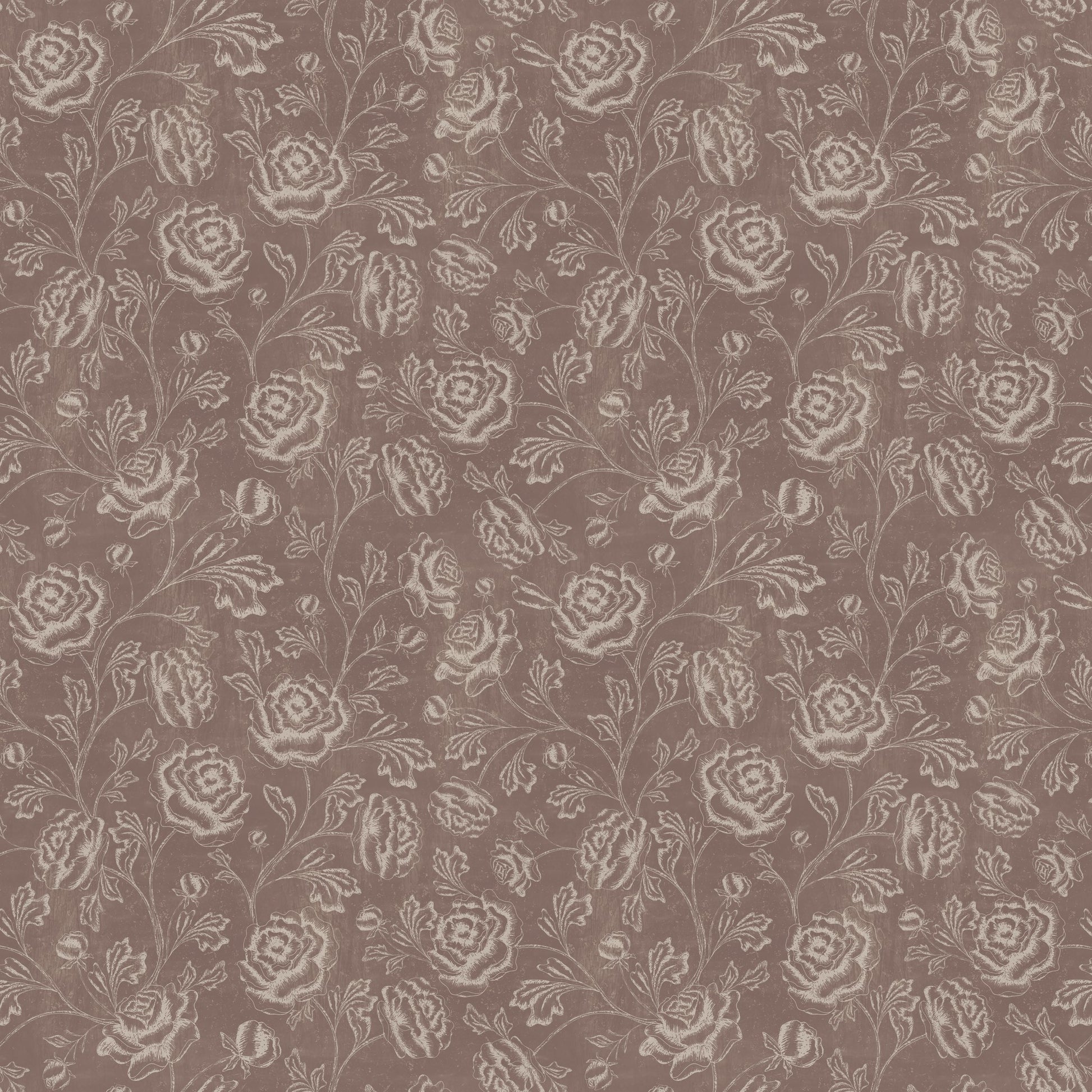 Rustic brown wallpaper with ivory floral toile pattern, vintage style.