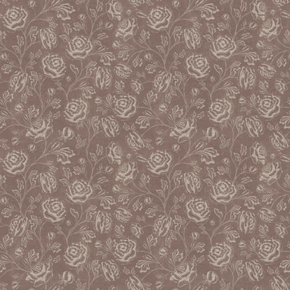 Rustic brown wallpaper with ivory floral toile pattern, vintage style.
