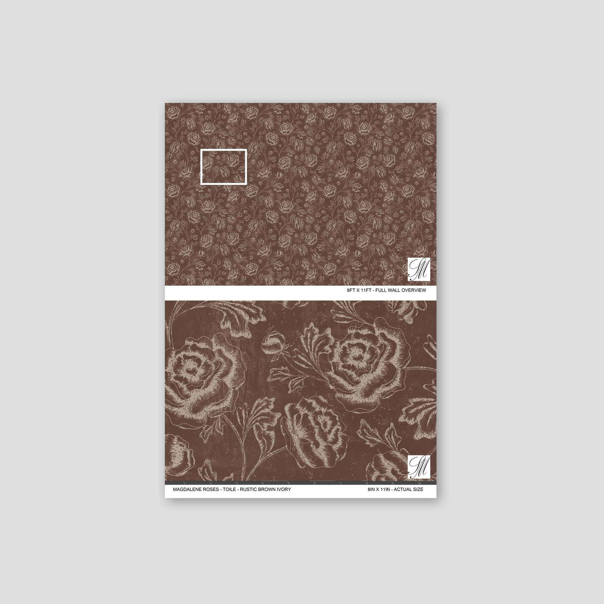 Rustic brown floral wallpaper with detailed ivory roses and leaves.