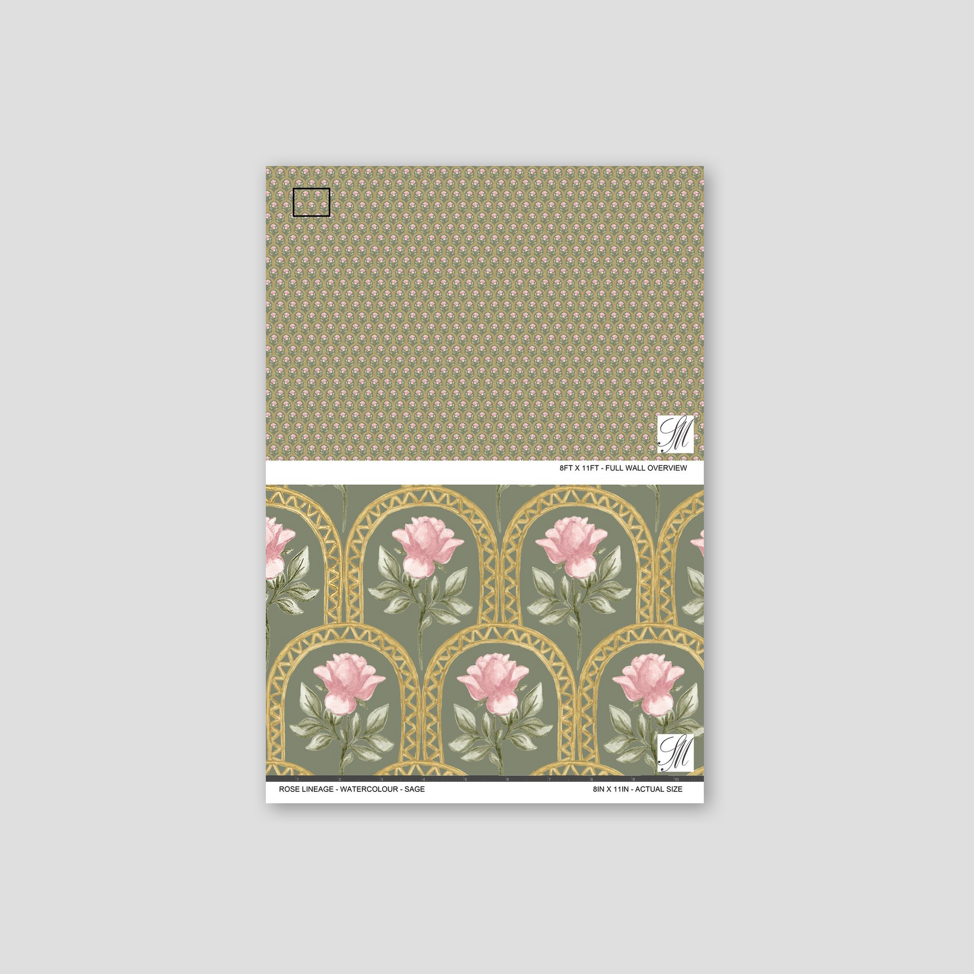 Sage wallpaper with pink watercolor roses and gold arches, elegant floral pattern.