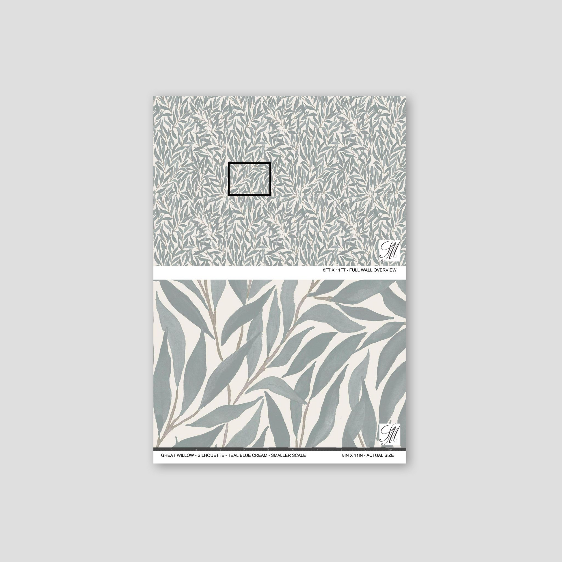 Teal blue cream leaf pattern wallpaper sample, organic and serene design.