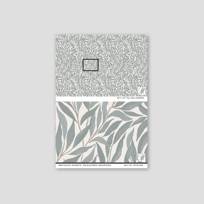 Teal blue cream leaf pattern wallpaper sample, organic and serene design.