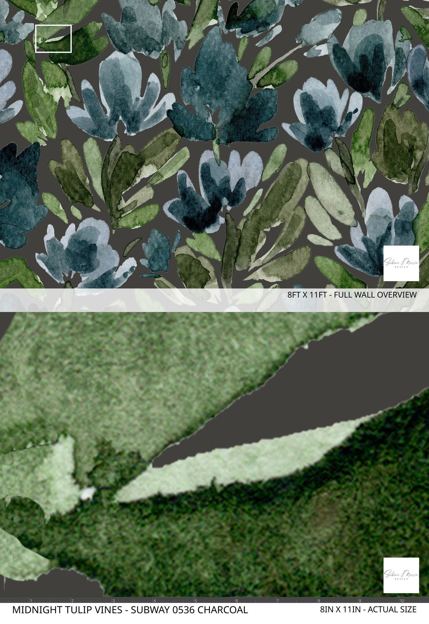 Watercolor floral wallpaper with green and blue leaves on dark background.
