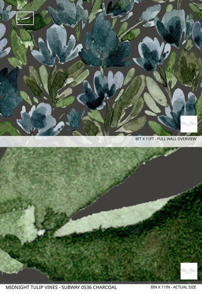 Watercolor floral wallpaper with green and blue leaves on dark background.