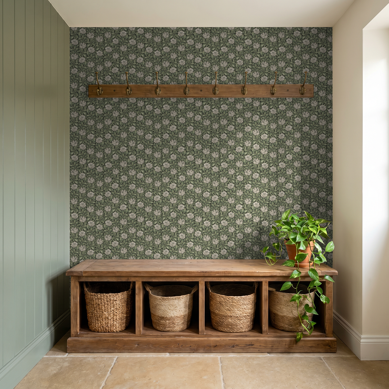 Watercolor rose wallpaper in forest green with wooden bench and baskets in hallway.