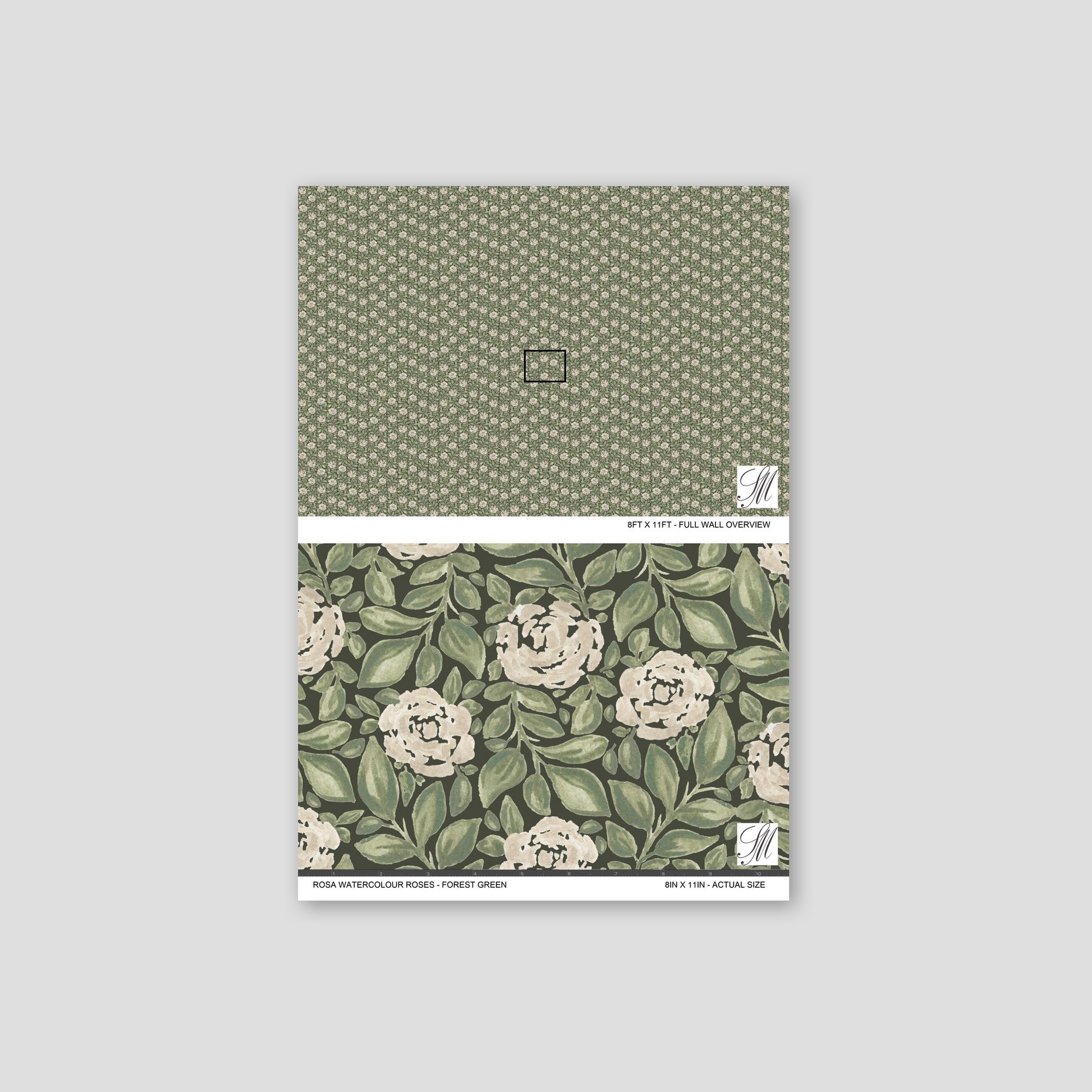 Watercolor roses on forest green wallpaper sample with lush leaves.