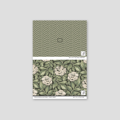 Watercolor roses on forest green wallpaper sample with lush leaves.
