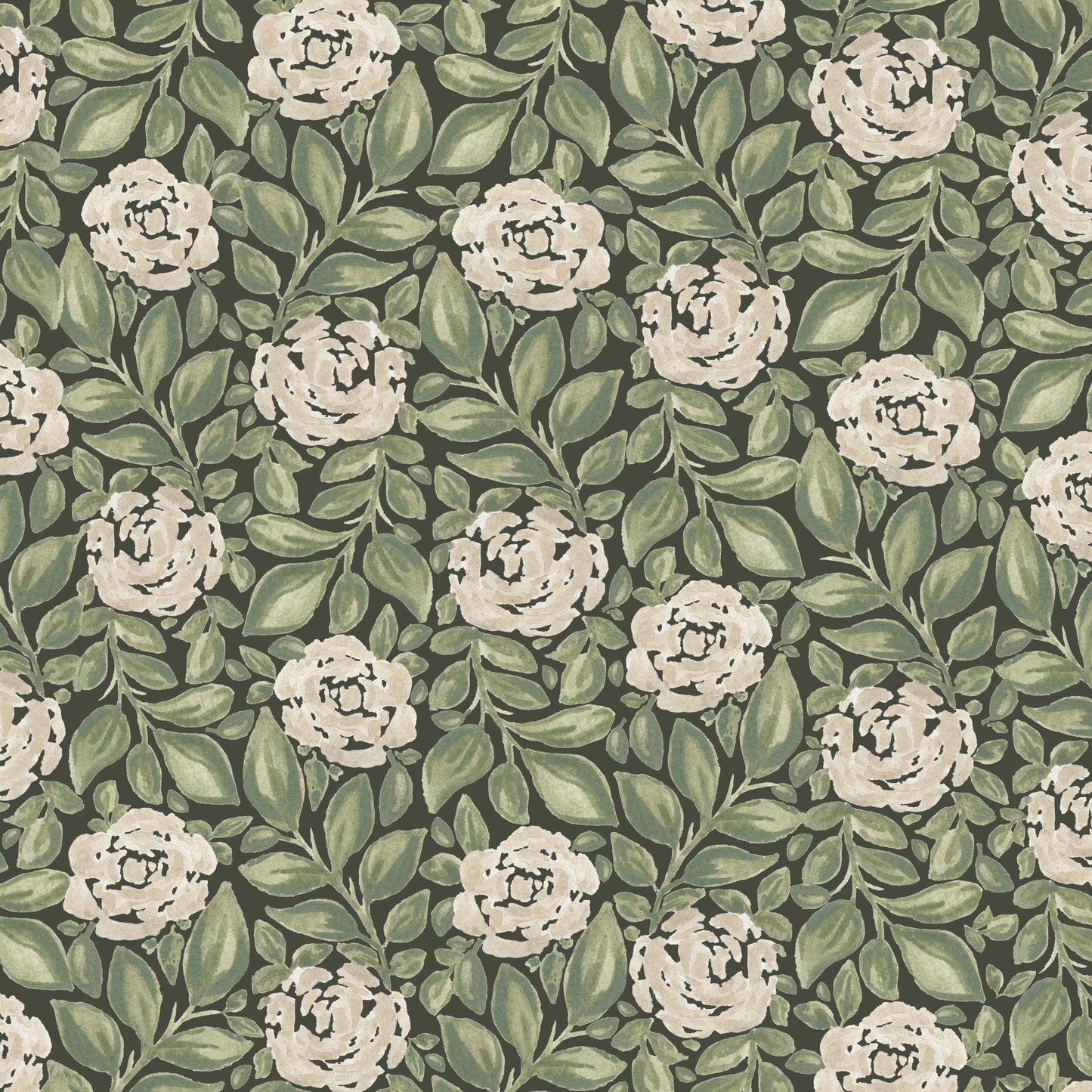 Watercolor roses and leaves on forest green wallpaper.