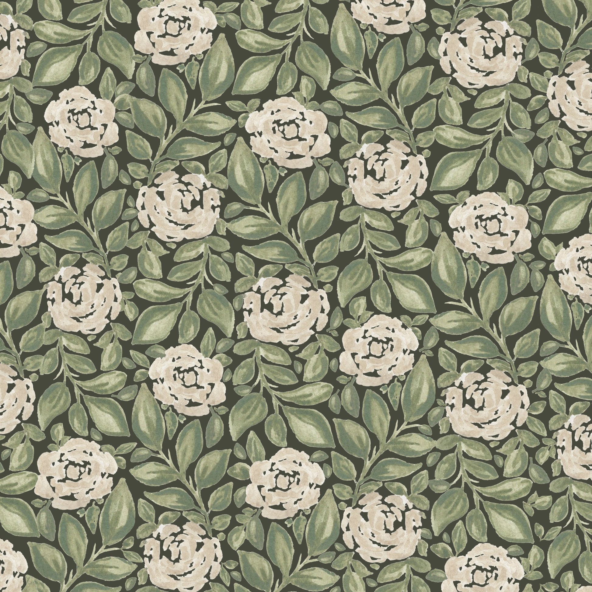 Watercolor roses and leaves on forest green wallpaper.