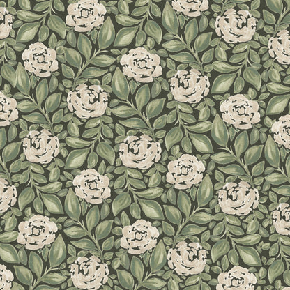 Watercolor roses and leaves on forest green wallpaper.