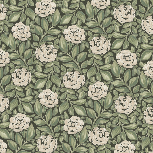 Watercolor roses and leaves on forest green wallpaper.
